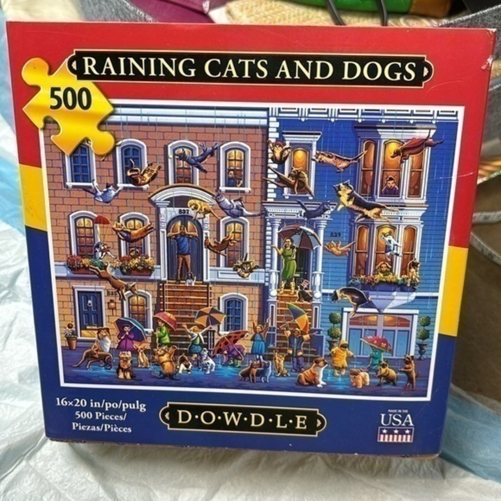 Raining Cats and Dogs 500 Piece 16x20 Jigsaw Puzzle Dowdle Folk Art 00372 Animal